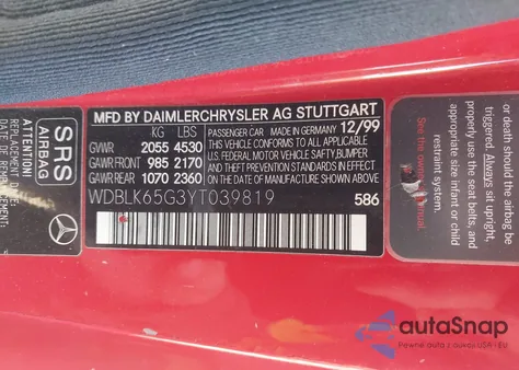 2000 Mercedes-Benz Clk 320 z USA, uszkodzony, nr VIN WDBLK65G3YT039819